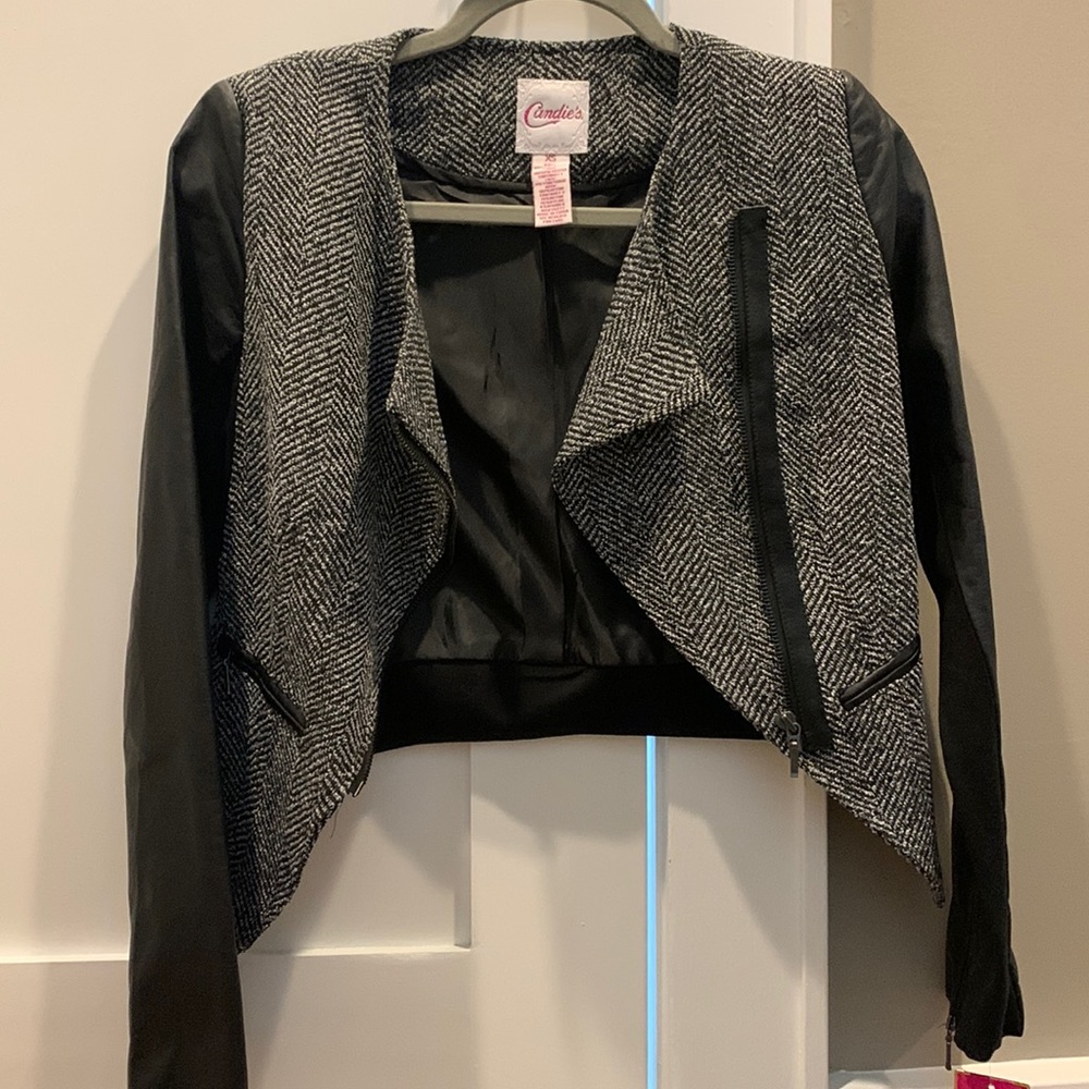 Candies jacket with leather sleeves.